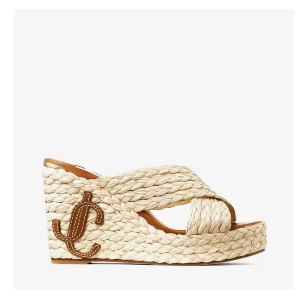 JIMMY CHOO
Dovina 100 Natural Raffia Wedge Mules
With Jc Monogram